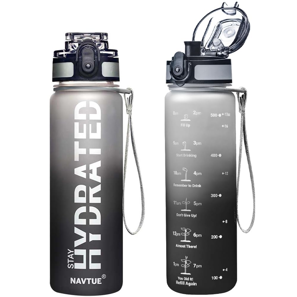 Water Bottle, 32oz Sports Water Bottles with Time Marker Wide Mouth, Motivational and Leakproof Drink Bottle, BPA Free Tritan with Carry Strap for Gym Fitness Outdoor (Direct Drink 1 Bottle)