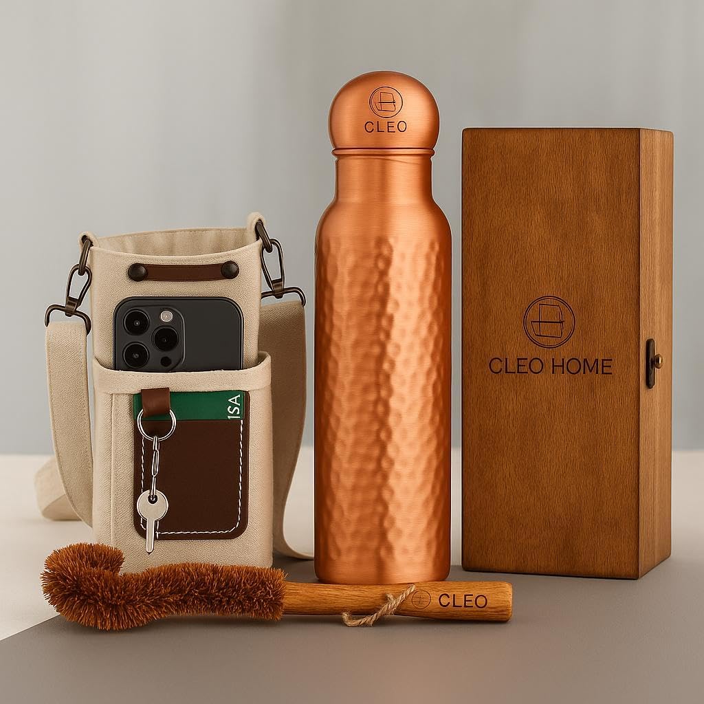 Pure Copper Water Bottle for Drinking, 32 Oz Leak-Proof Hammered Ayurvedic Copper Bottle Gift Box - For Yoga, Office, Travel with Canvas Carry Bag & Brush