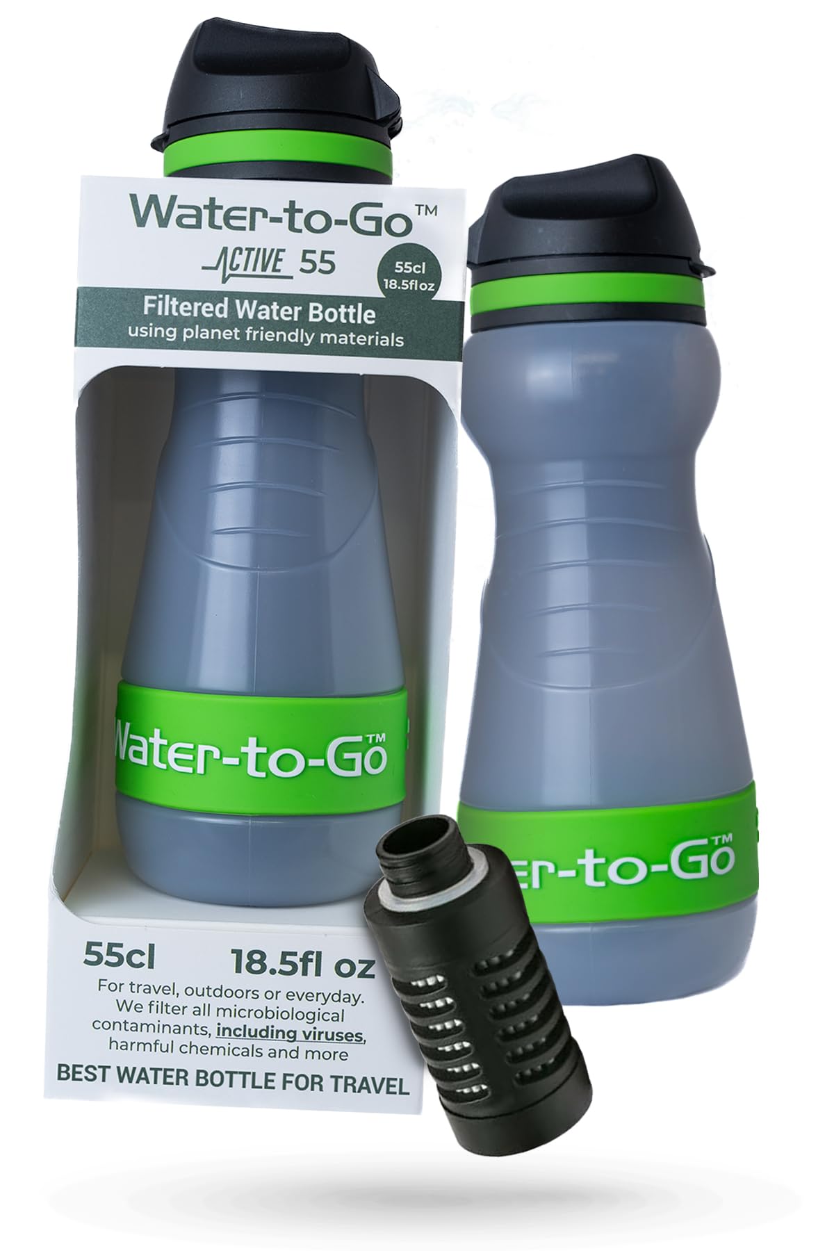 Water-to-Go Water Filter Bottle for International Travel - 24oz/75cl Filtered Water Bottle for Portable Purification - Eco-Friendly Bioplastic, New Leak-Proof Lid, Filters Viruses Most Bottles Miss