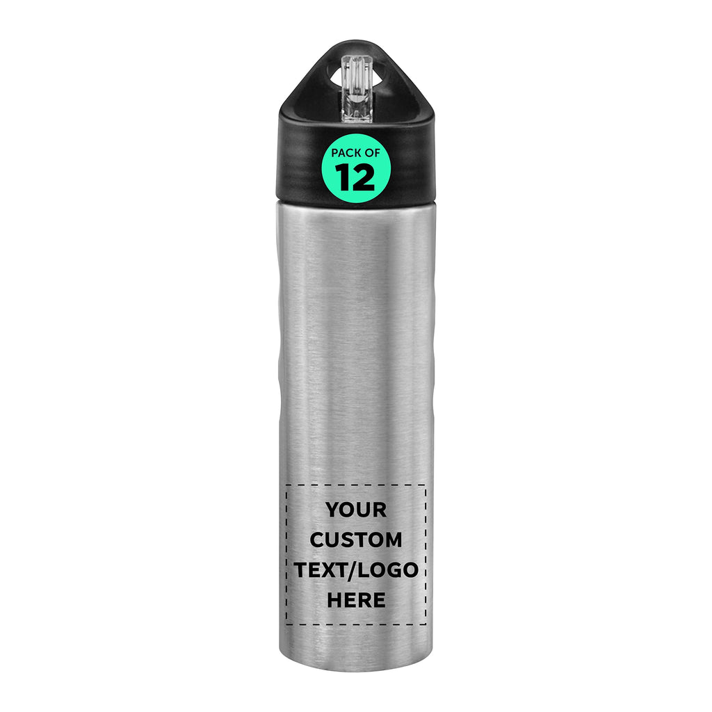 DISCOUNT PROMOS Custom Slim Stainless Steel Water Bottles 25 oz, 24 pack, Personalized Text, Logo, Reusable Gym Sports Bulk Pack, Silver