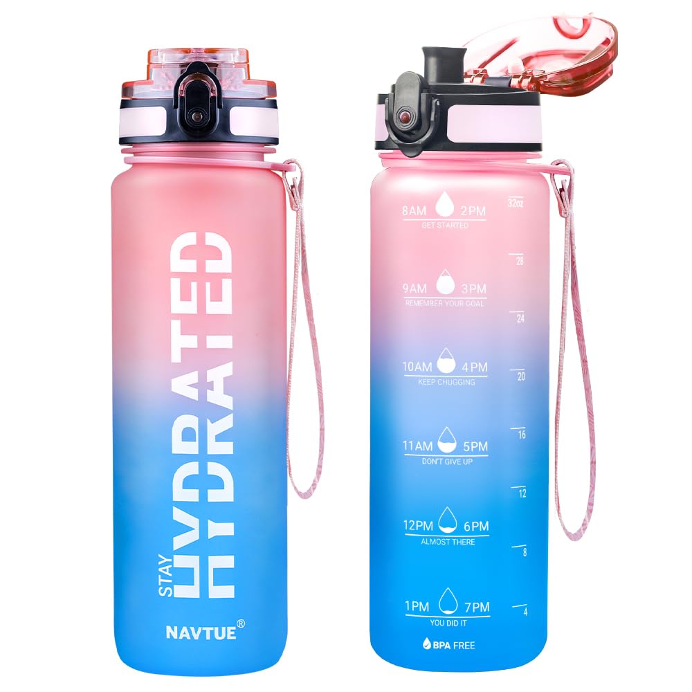Water Bottle, 16OZ/ 500ML Sports Water Bottles with Time Marker Wide Mouth, Motivational and Leakproof Drink Bottle, BPA Free Tritan with Carry Strap for Gym Fitness Outdoor(1 Bottle)
