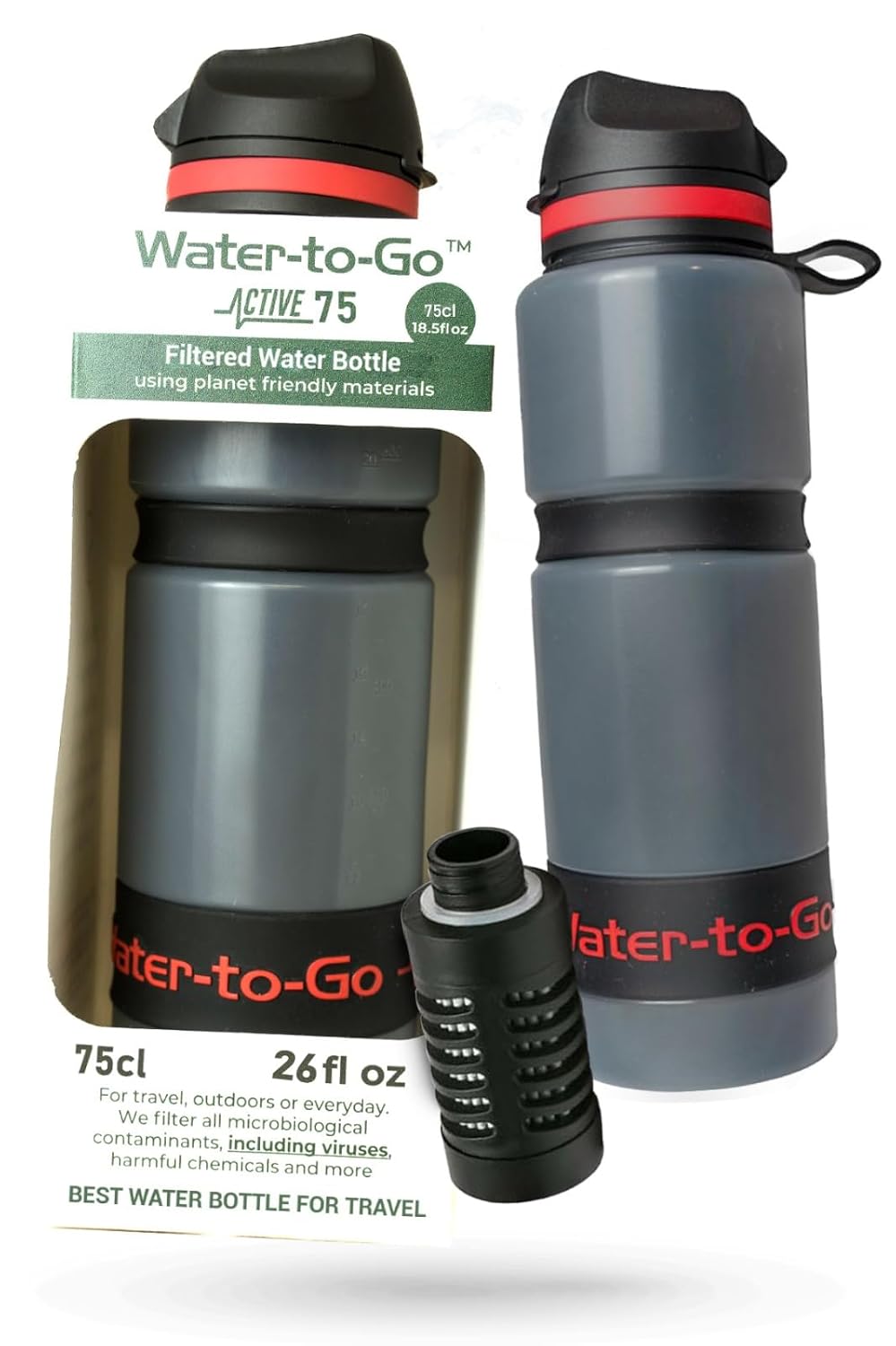 Water-to-Go Water Filter Bottle for International Travel - 24oz/75cl Filtered Water Bottle for Portable Purification - Eco-Friendly Bioplastic, New Leak-Proof Lid, Filters Viruses Most Bottles Miss