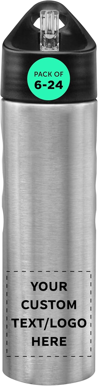 DISCOUNT PROMOS Custom Slim Stainless Steel Water Bottles 25 oz, 24 pack, Personalized Text, Logo, Reusable Gym Sports Bulk Pack, Silver