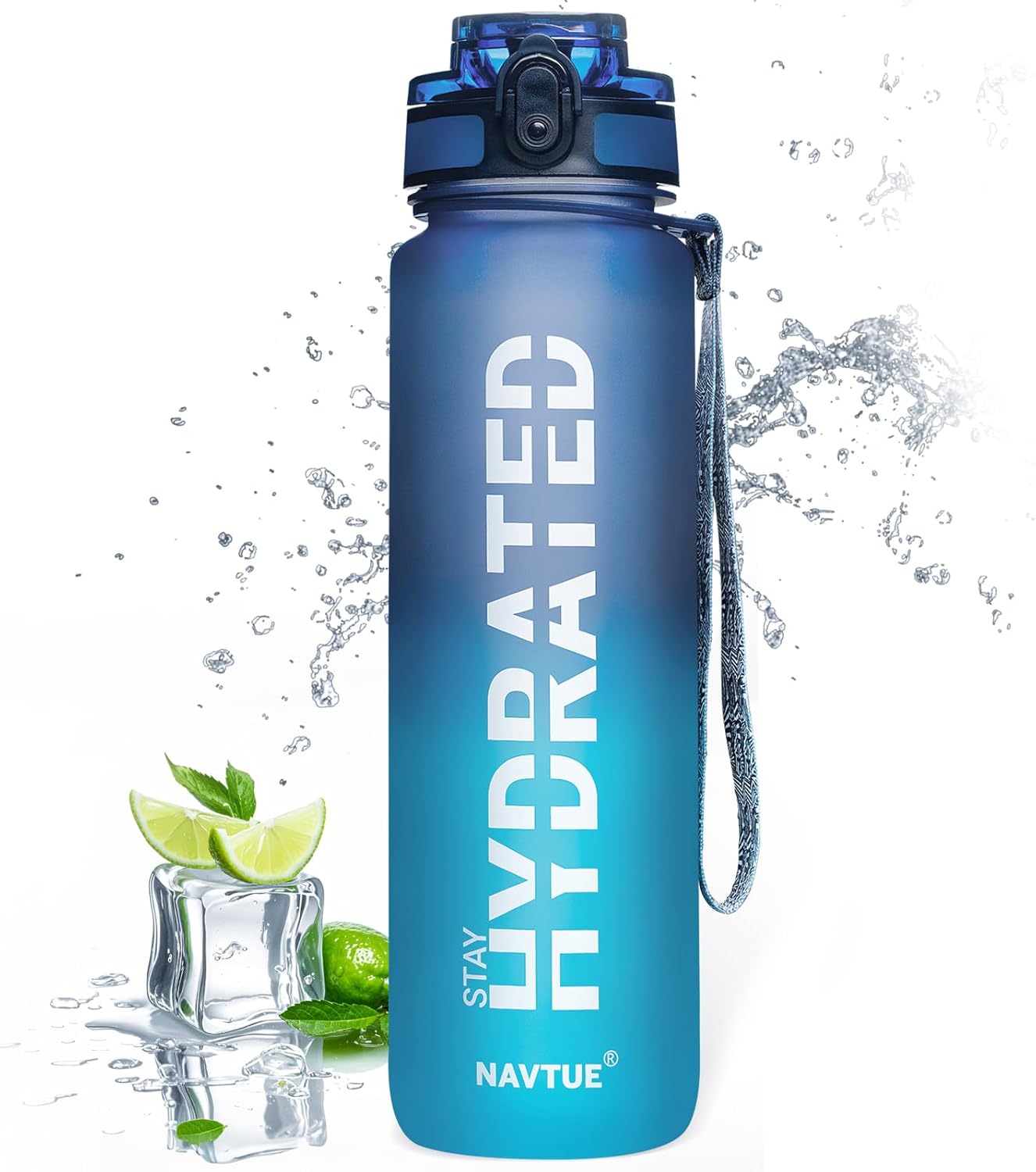 Water Bottle, 32oz Sports Water Bottles with Time Marker Wide Mouth, Motivational and Leakproof Drink Bottle, BPA Free Tritan with Carry Strap for Gym Fitness Outdoor (Direct Drink 1 Bottle)