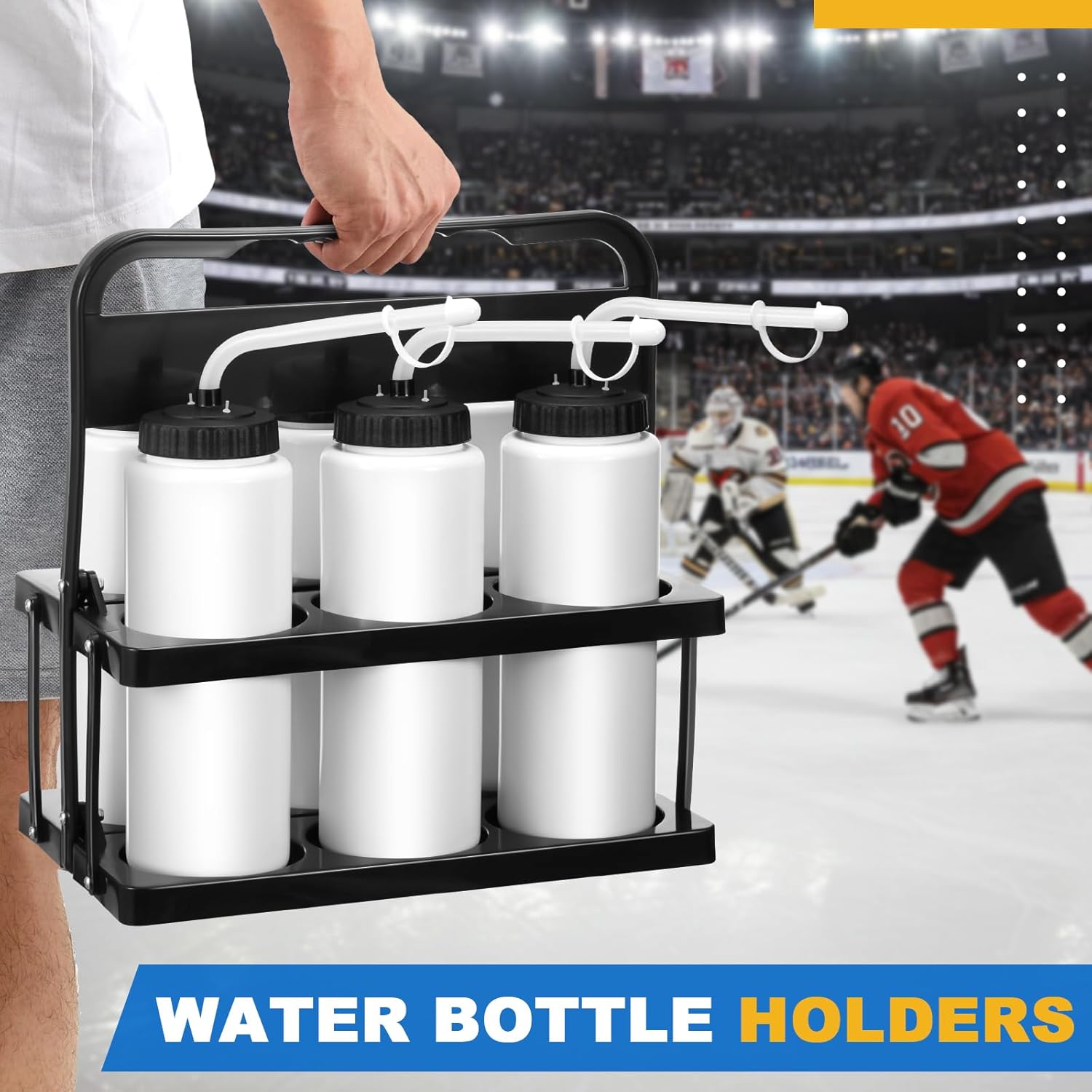 Suclain 14 Pcs Hockey Water Bottles Set, 33 Oz Team Sports Water Bottles and Carriers with Long Straw Stickers Squeeze Wide Mouth Plastic for Football Fitness Bike Gym Camping (White)