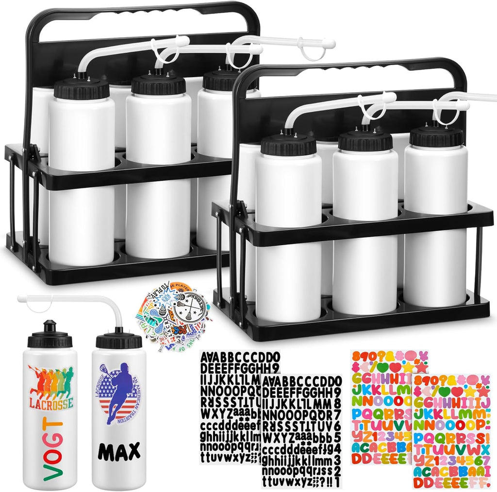 Suclain 14 Pcs Hockey Water Bottles Set, 33 Oz Team Sports Water Bottles and Carriers with Long Straw Stickers Squeeze Wide Mouth Plastic for Football Fitness Bike Gym Camping (White)