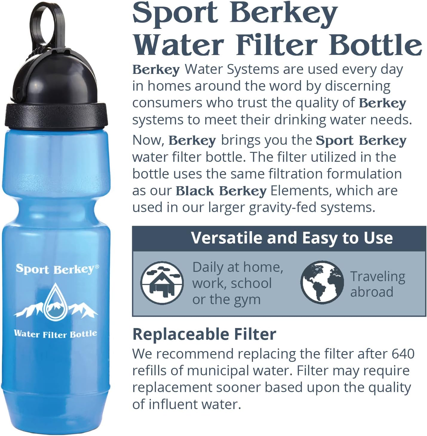 Berkey 2-Pack of Sport Water Filter Bottles Ideal for Everyday Use on the Go—Driving, Sports, Exercise, Travel, Home, Work, School and Play