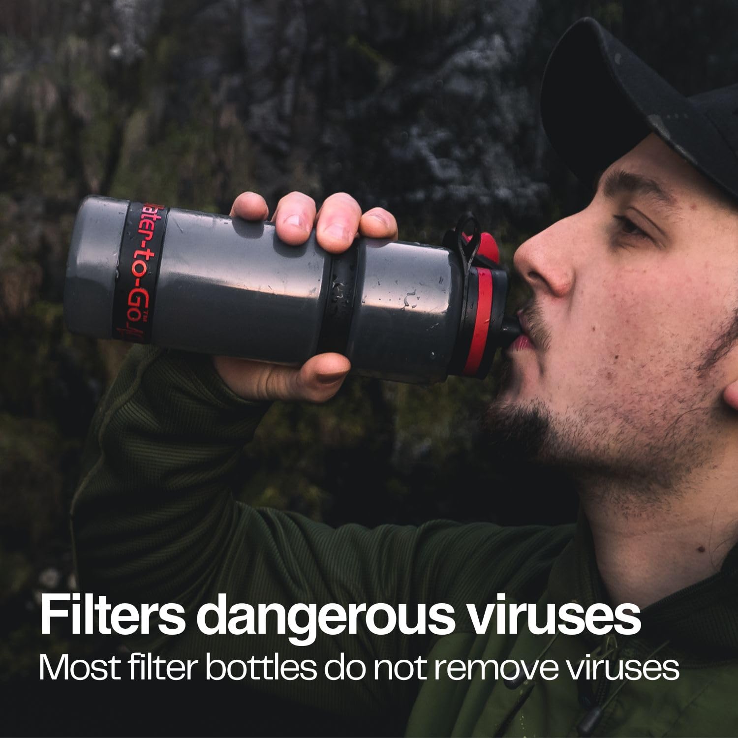 Water-to-Go Water Filter Bottle for International Travel - 24oz/75cl Filtered Water Bottle for Portable Purification - Eco-Friendly Bioplastic, New Leak-Proof Lid, Filters Viruses Most Bottles Miss