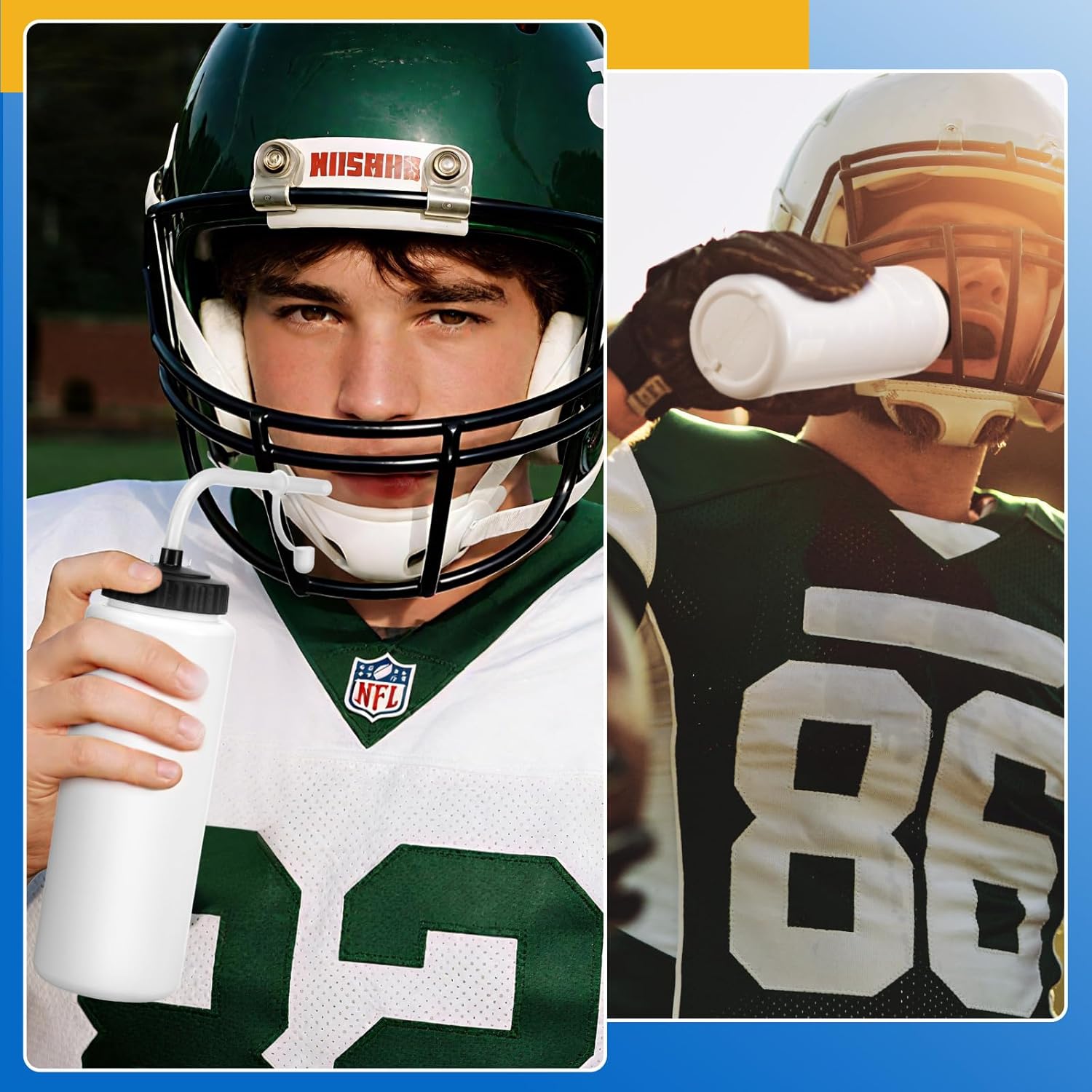 Suclain 14 Pcs Hockey Water Bottles Set, 33 Oz Team Sports Water Bottles and Carriers with Long Straw Stickers Squeeze Wide Mouth Plastic for Football Fitness Bike Gym Camping (White)