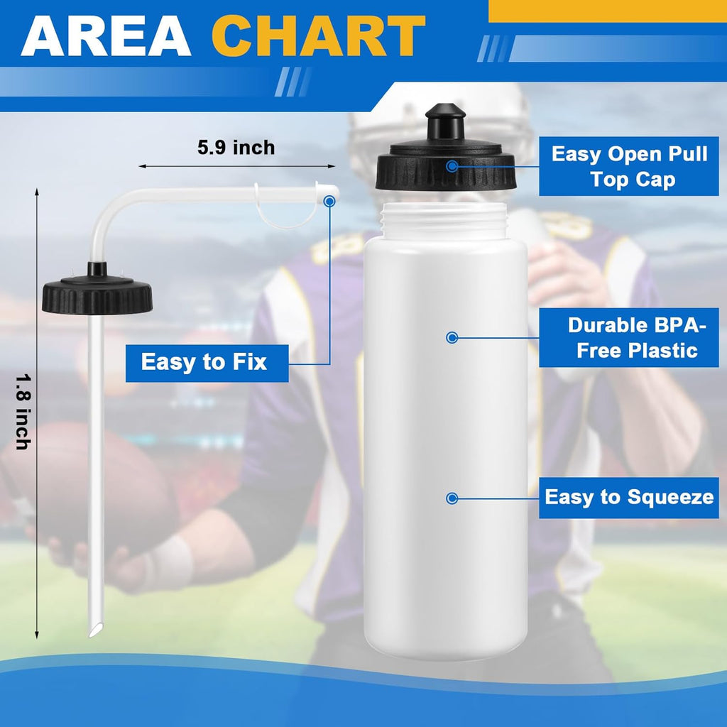 Suclain 14 Pcs Hockey Water Bottles Set, 33 Oz Team Sports Water Bottles and Carriers with Long Straw Stickers Squeeze Wide Mouth Plastic for Football Fitness Bike Gym Camping (White)
