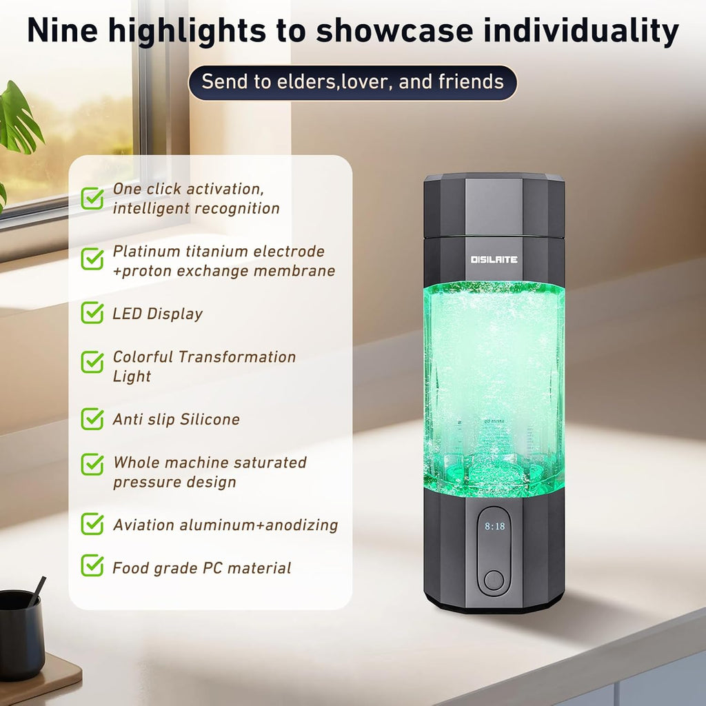 10000PPB+ Hydrogen Water Bottle SPE PEM Technology Hydrogen Water Generator with Seven Colorful Light-Best Hydrogen Water Technology (S-Gray)