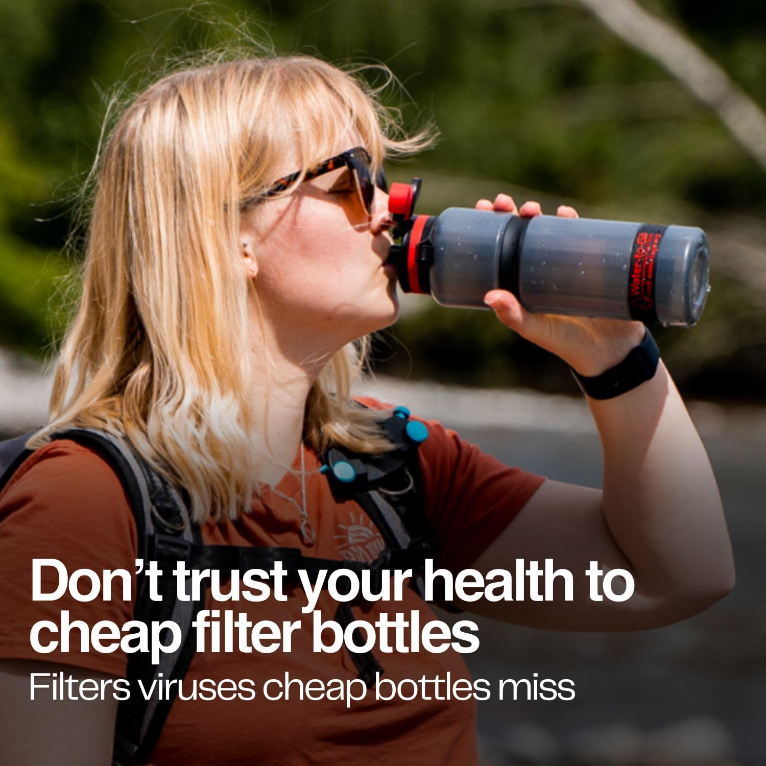 Water-to-Go Water Filter Bottle for International Travel - 24oz/75cl Filtered Water Bottle for Portable Purification - Eco-Friendly Bioplastic, New Leak-Proof Lid, Filters Viruses Most Bottles Miss