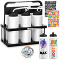 Suclain 14 Pcs Hockey Water Bottles Set, 33 Oz Team Sports Water Bottles and Carriers with Long Straw Stickers Squeeze Wide Mouth Plastic for Football Fitness Bike Gym Camping (White)