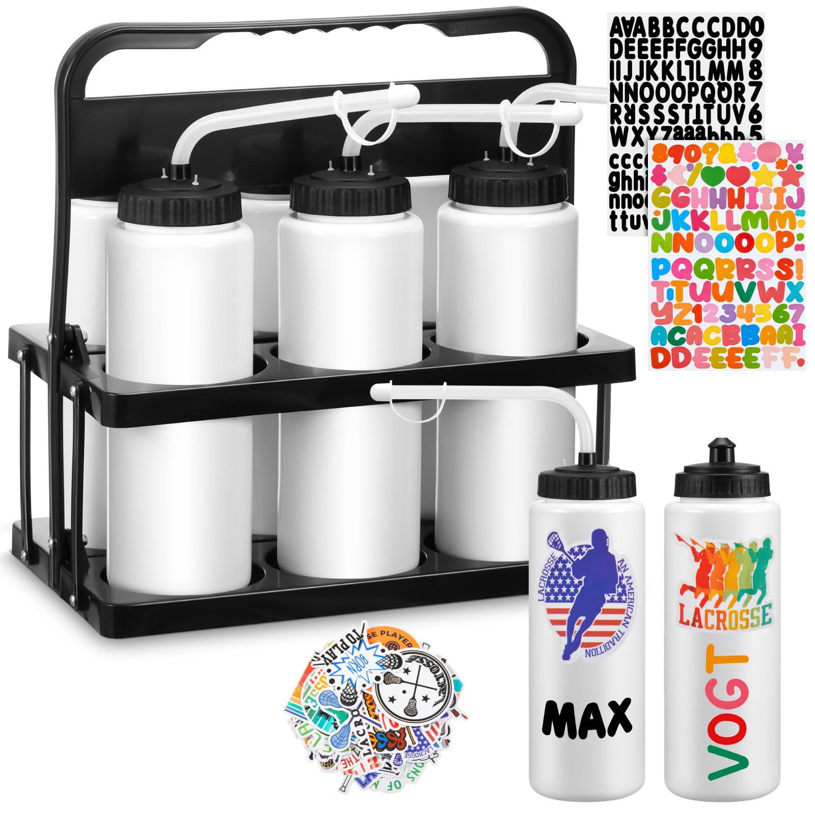 Suclain 14 Pcs Hockey Water Bottles Set, 33 Oz Team Sports Water Bottles and Carriers with Long Straw Stickers Squeeze Wide Mouth Plastic for Football Fitness Bike Gym Camping (White)