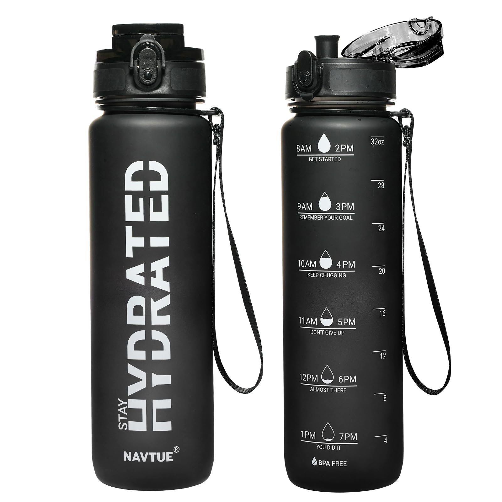 Water Bottle, 32oz Sports Water Bottles with Time Marker Wide Mouth, Motivational and Leakproof Drink Bottle, BPA Free Tritan with Carry Strap for Gym Fitness Outdoor (Direct Drink 1 Bottle)