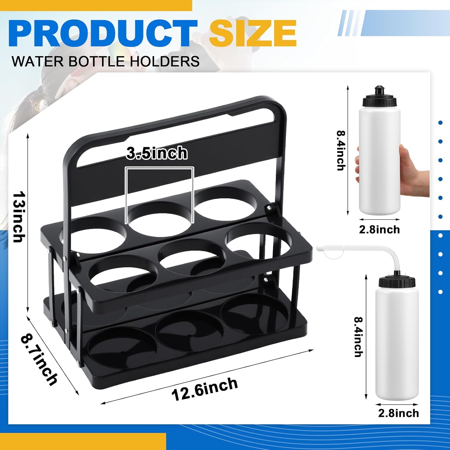 Suclain 14 Pcs Hockey Water Bottles Set, 33 Oz Team Sports Water Bottles and Carriers with Long Straw Stickers Squeeze Wide Mouth Plastic for Football Fitness Bike Gym Camping (White)