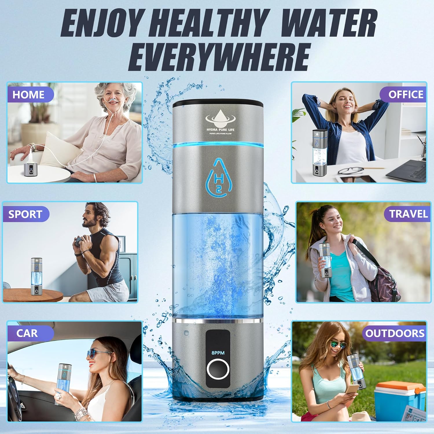 Hydrogen Water Bottle Generator Up to 8000PPB with SPE & PEM, 2 Modes Rechargeable Portable 3-in-1 Multifunctional Hydrogen Water Machine with LED, Perfect for Office, Home, Gym