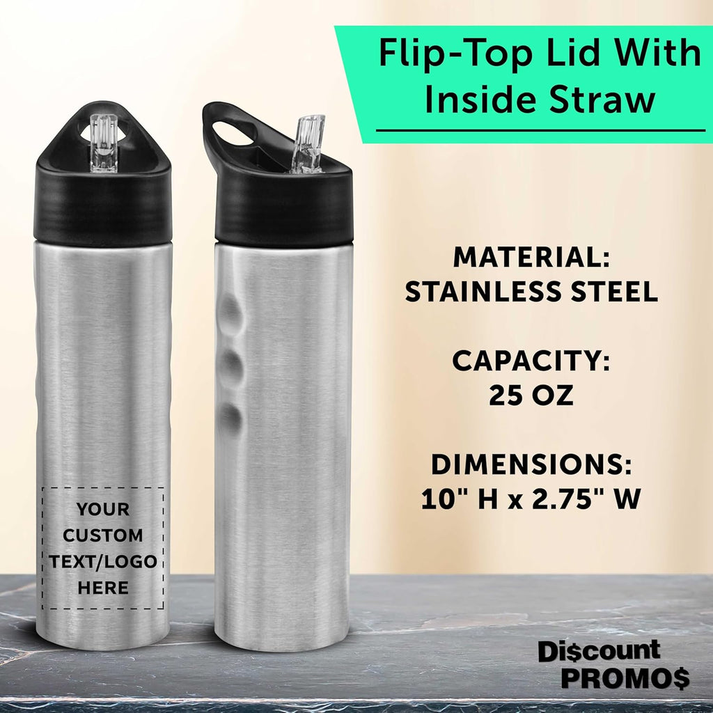 DISCOUNT PROMOS Custom Slim Stainless Steel Water Bottles 25 oz, 24 pack, Personalized Text, Logo, Reusable Gym Sports Bulk Pack, Silver