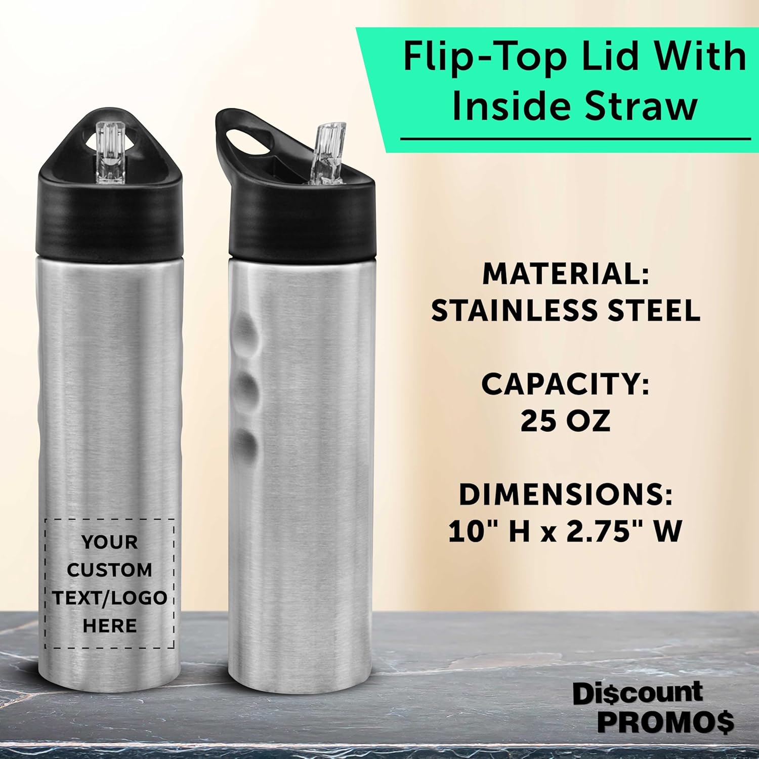 DISCOUNT PROMOS Custom Slim Stainless Steel Water Bottles 25 oz, 24 pack, Personalized Text, Logo, Reusable Gym Sports Bulk Pack, Silver