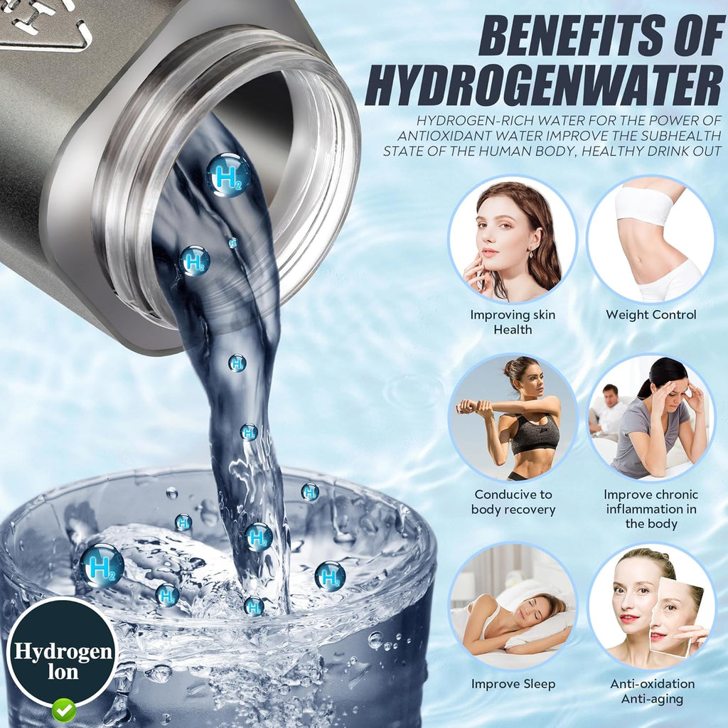 Hydrogen Water Bottle Generator Up to 8000PPB with SPE & PEM, 2 Modes Rechargeable Portable 3-in-1 Multifunctional Hydrogen Water Machine with LED, Perfect for Office, Home, Gym