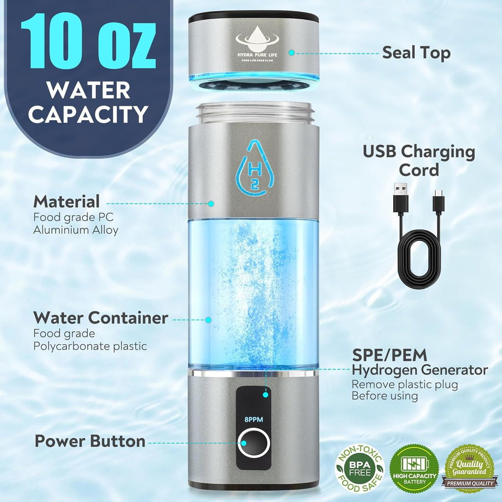 Hydrogen Water Bottle Generator Up to 8000PPB with SPE & PEM, 2 Modes Rechargeable Portable 3-in-1 Multifunctional Hydrogen Water Machine with LED, Perfect for Office, Home, Gym