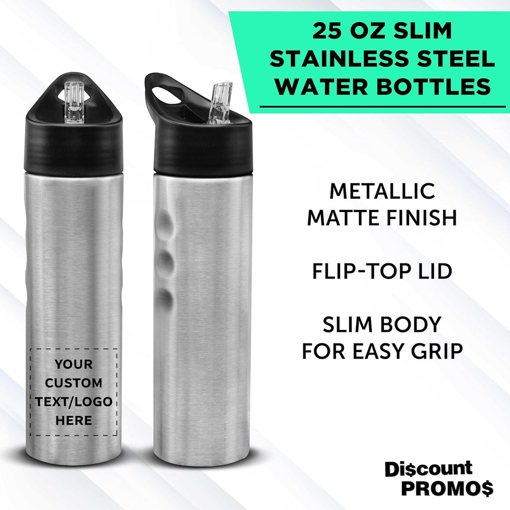 DISCOUNT PROMOS Custom Slim Stainless Steel Water Bottles 25 oz, 24 pack, Personalized Text, Logo, Reusable Gym Sports Bulk Pack, Silver