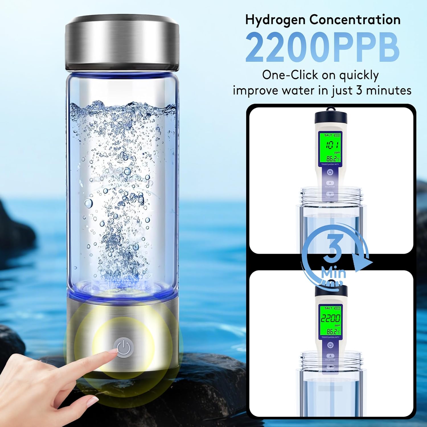 2025 New Hydrogen Water Bottle, 2200PPB in 3Min, SPE PEM Tech, Portable 16OZ, Rechargeable Hydrogen Water Bottle for Travel, Home, Office – Gift for Family & Friends (XR-20)