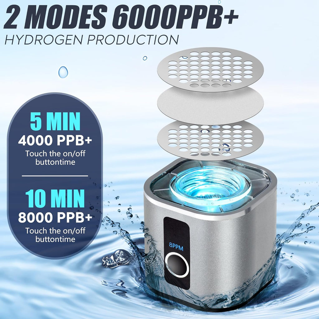 Hydrogen Water Bottle Generator Up to 8000PPB with SPE & PEM, 2 Modes Rechargeable Portable 3-in-1 Multifunctional Hydrogen Water Machine with LED, Perfect for Office, Home, Gym
