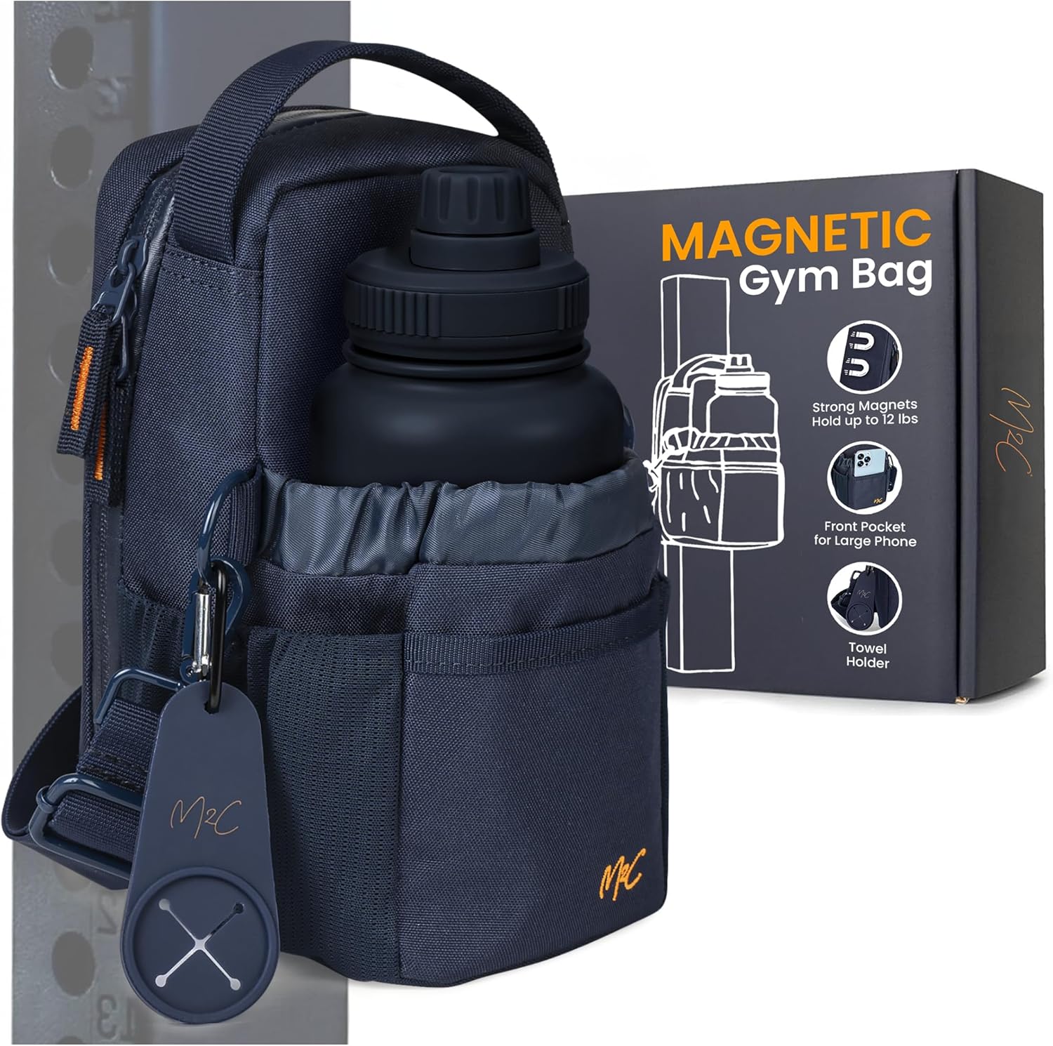 M2C® PREMIUM Magnetic Gym Bag – Holds Up to 12 lbs – Gym Pouch with Water Bottle, Cup & Wallet Pocket, Phone Storage, Key Clip, Adjustable Sling Strap – Ideal for Sports, Work & Travel