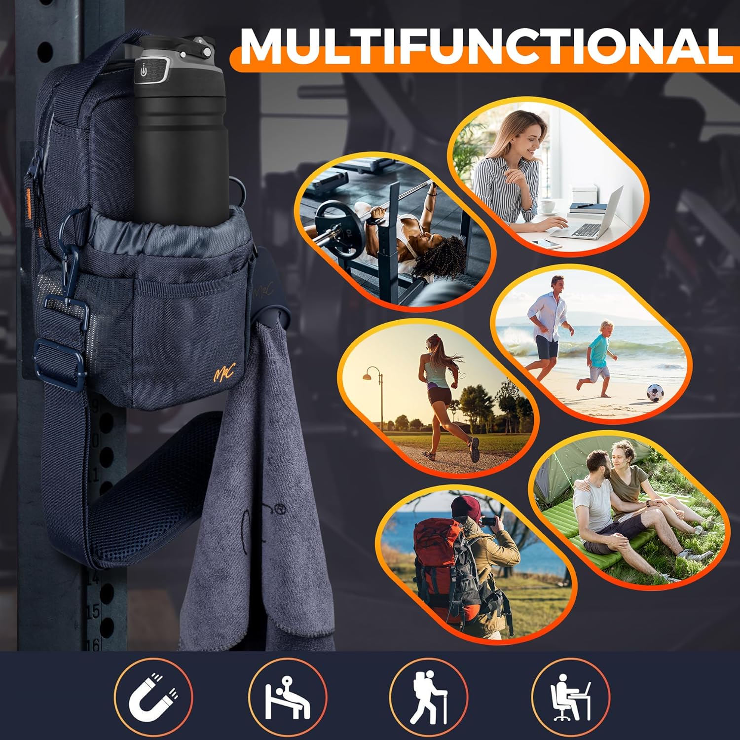 M2C® PREMIUM Magnetic Gym Bag – Holds Up to 12 lbs – Gym Pouch with Water Bottle, Cup & Wallet Pocket, Phone Storage, Key Clip, Adjustable Sling Strap – Ideal for Sports, Work & Travel