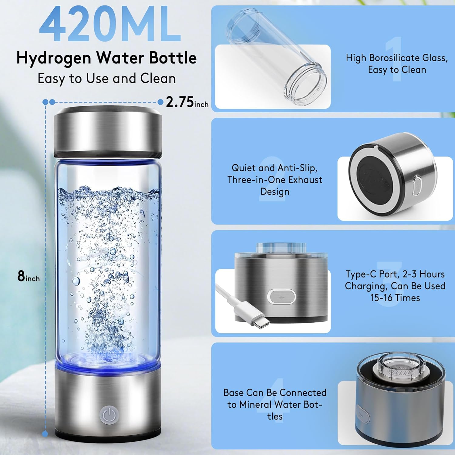 2025 New Hydrogen Water Bottle, 2200PPB in 3Min, SPE PEM Tech, Portable 16OZ, Rechargeable Hydrogen Water Bottle for Travel, Home, Office – Gift for Family & Friends (XR-20)