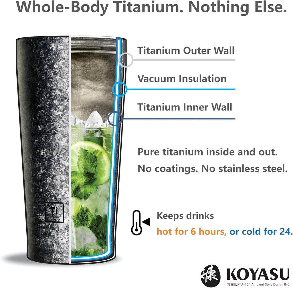 KOYASU 16oz Whole-Body Titanium Travel Mug – Double-Wall Insulated Cup, Leak-Proof Lid, Lightweight & Reusable, BPA-Free Tumbler, Wide Mouth, Durable, Hot 6H/Cold 24H, for Commute or Camping (Lunar)