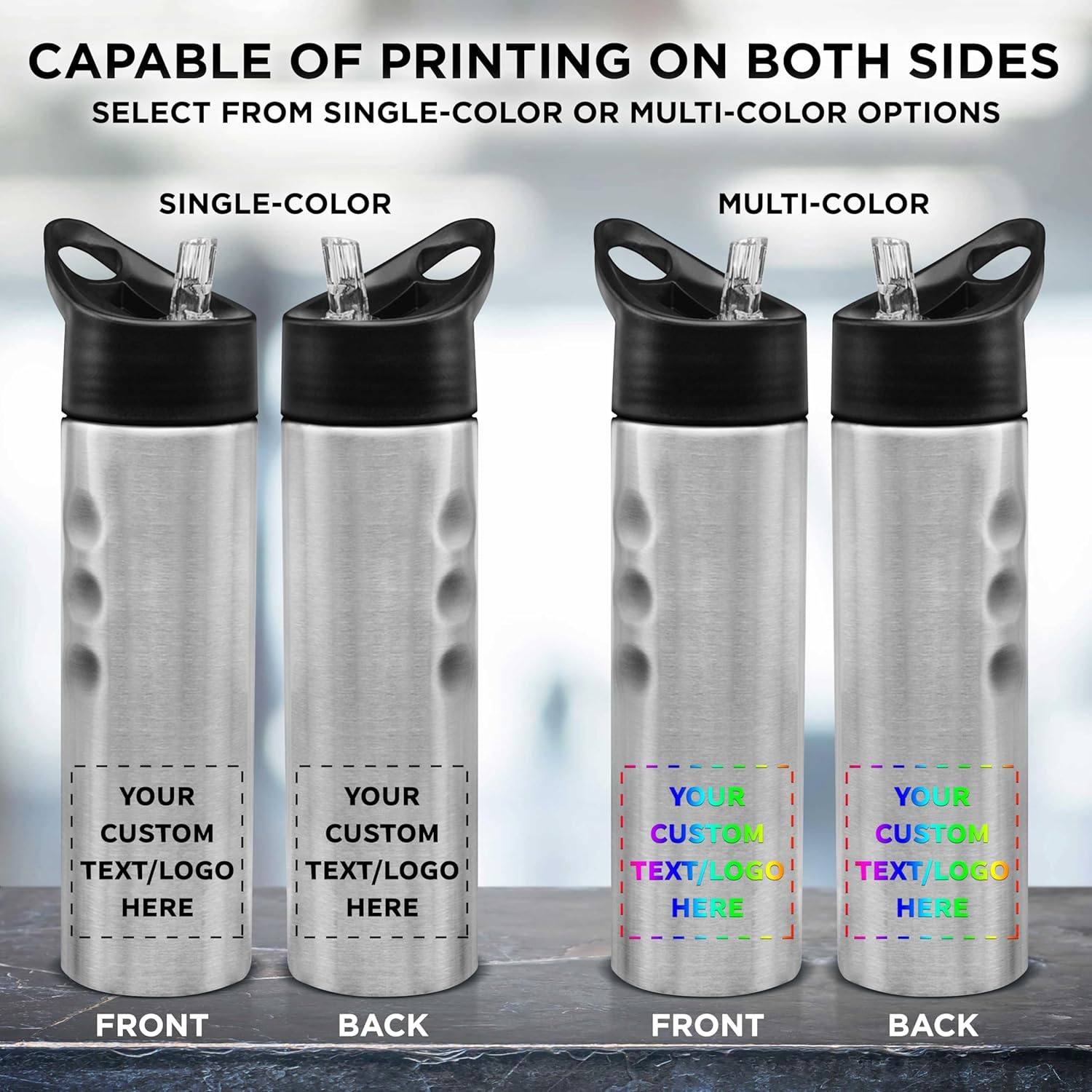 DISCOUNT PROMOS Custom Slim Stainless Steel Water Bottles 25 oz, 24 pack, Personalized Text, Logo, Reusable Gym Sports Bulk Pack, Silver