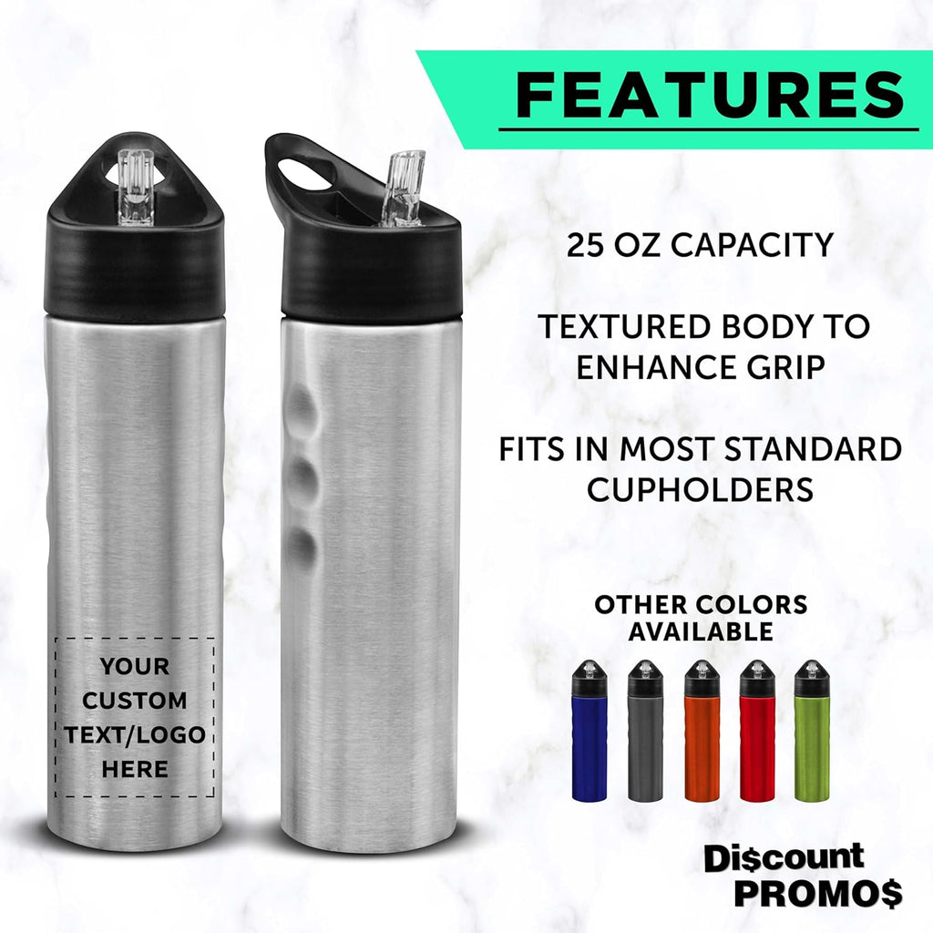 DISCOUNT PROMOS Custom Slim Stainless Steel Water Bottles 25 oz, 24 pack, Personalized Text, Logo, Reusable Gym Sports Bulk Pack, Silver