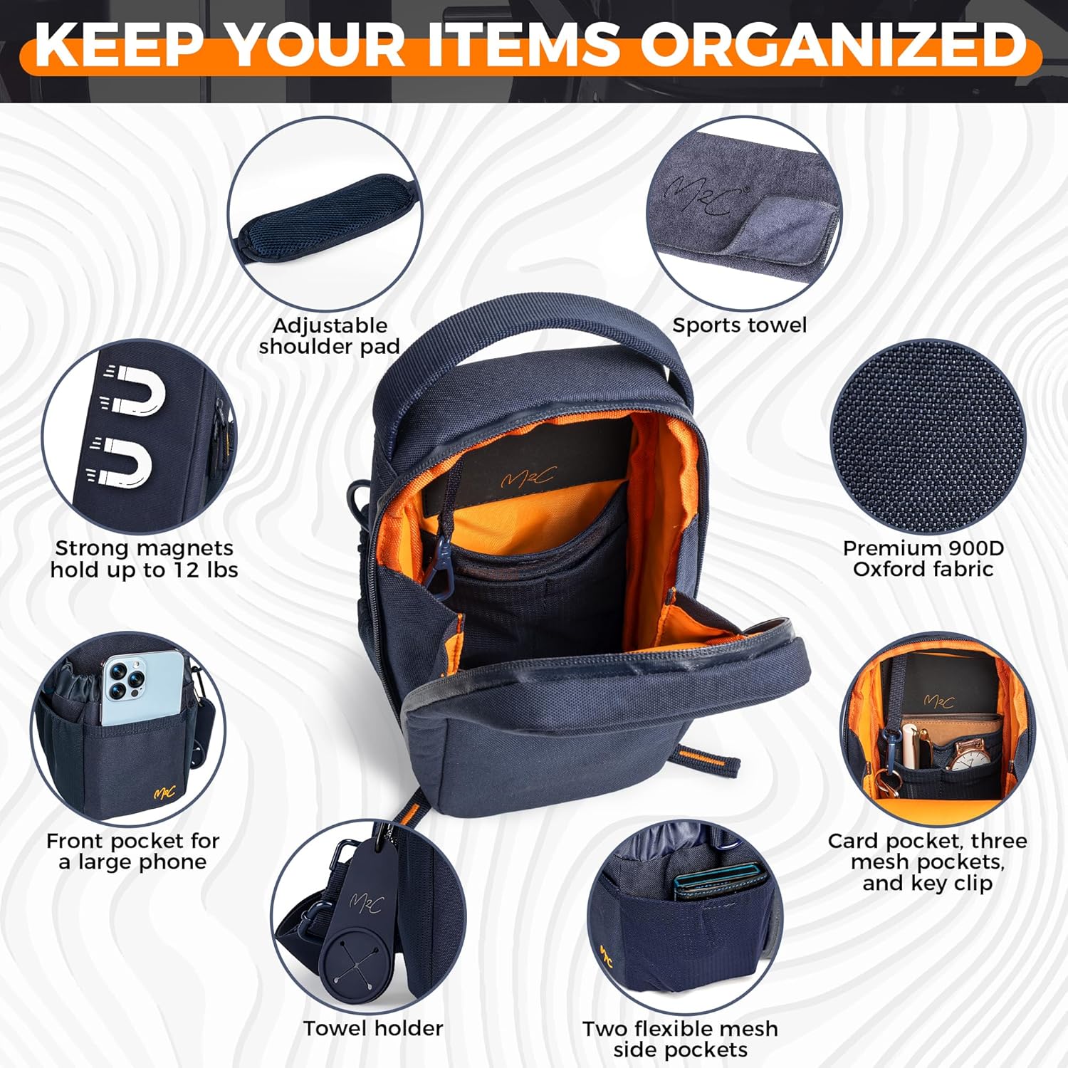 M2C® PREMIUM Magnetic Gym Bag – Holds Up to 12 lbs – Gym Pouch with Water Bottle, Cup & Wallet Pocket, Phone Storage, Key Clip, Adjustable Sling Strap – Ideal for Sports, Work & Travel