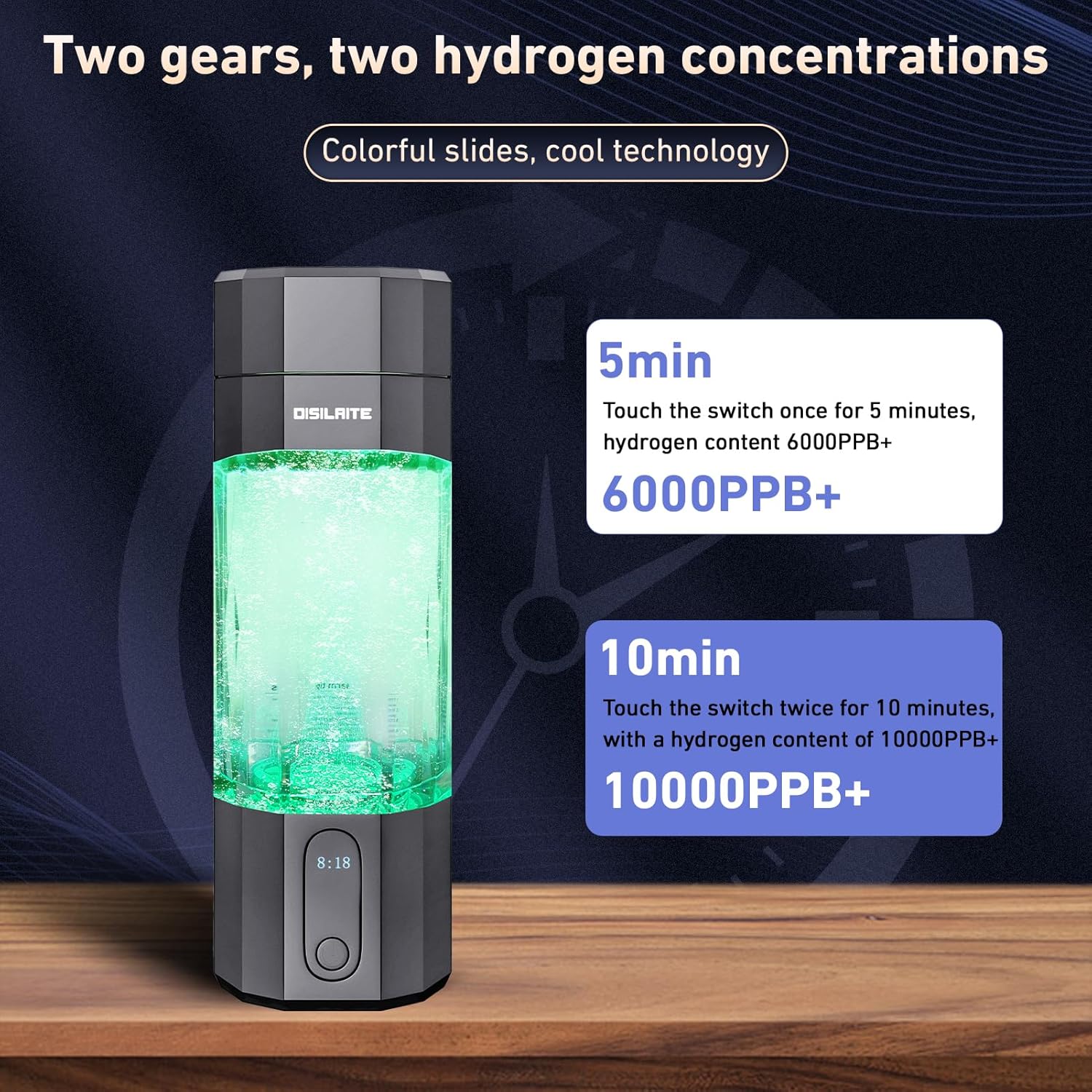 10000PPB+ Hydrogen Water Bottle SPE PEM Technology Hydrogen Water Generator with Seven Colorful Light-Best Hydrogen Water Technology (S-Gray)