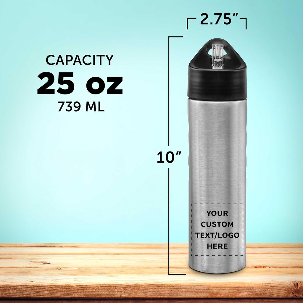 DISCOUNT PROMOS Custom Slim Stainless Steel Water Bottles 25 oz, 24 pack, Personalized Text, Logo, Reusable Gym Sports Bulk Pack, Silver