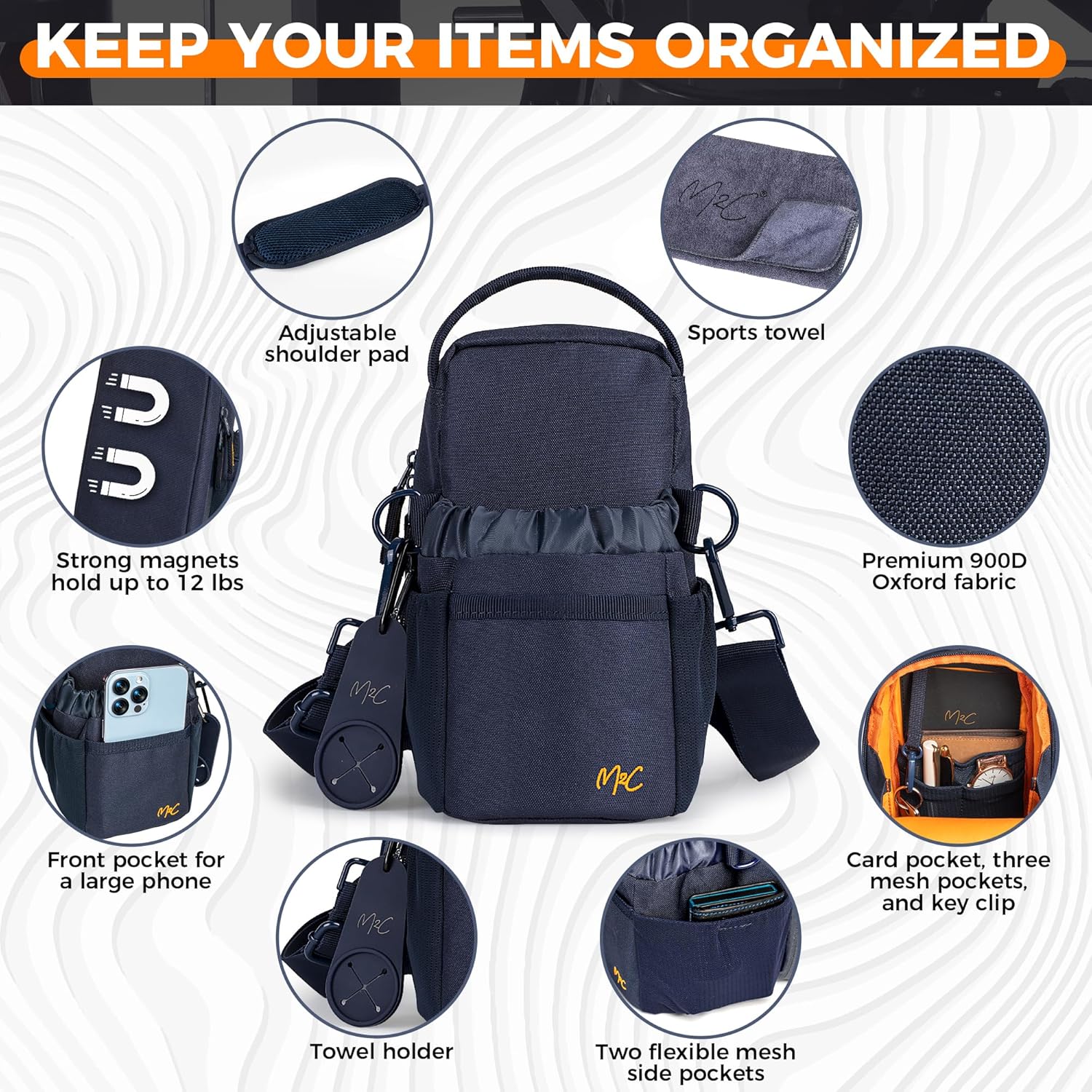 M2C® PREMIUM Magnetic Gym Bag – Holds Up to 12 lbs – Gym Pouch with Water Bottle, Cup & Wallet Pocket, Phone Storage, Key Clip, Adjustable Sling Strap – Ideal for Sports, Work & Travel